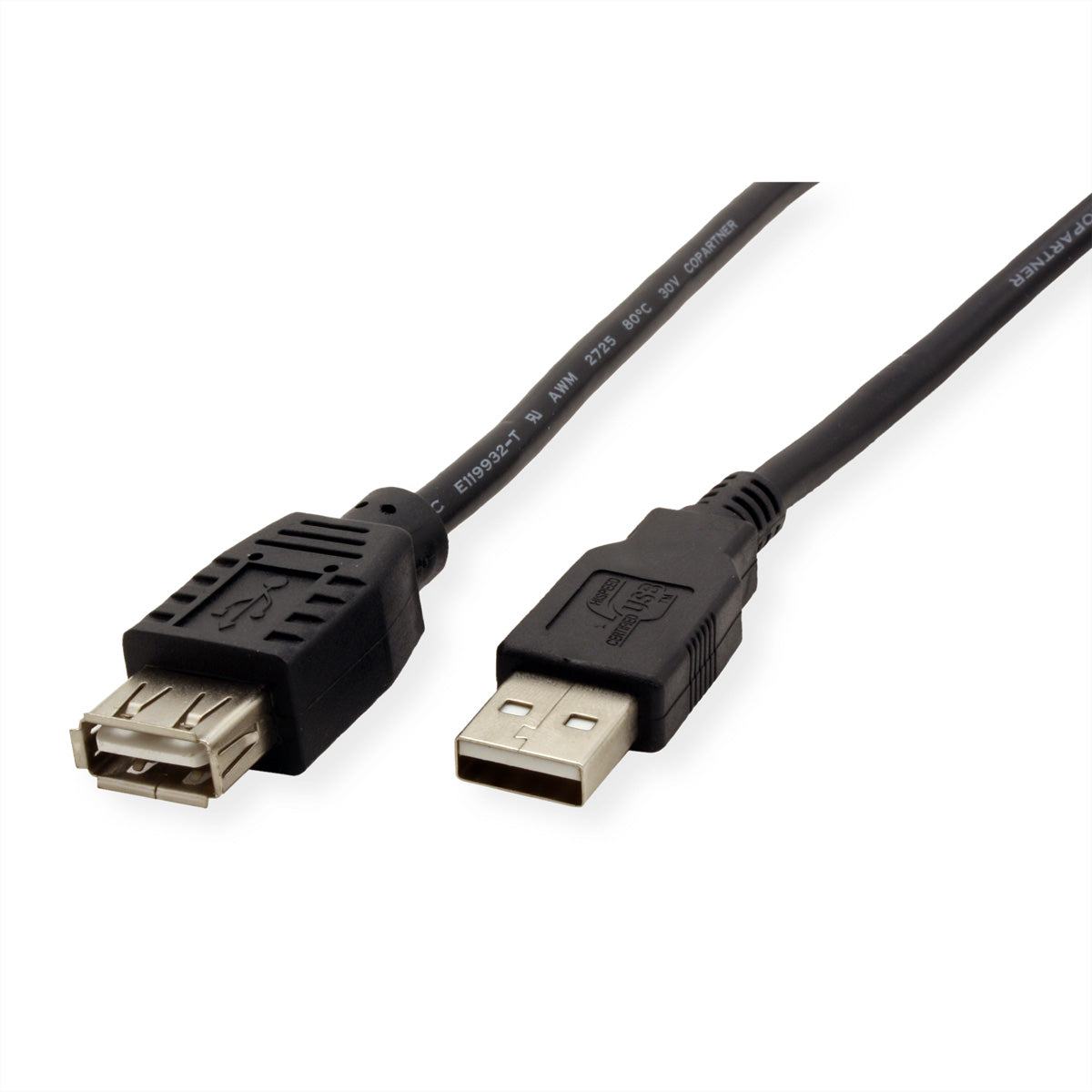 ROLINE USB-A Verlängerungskabel (Stecker auf Buchse) – USB 2.0 (480 Mbit/s) – 0,8 m – Geschirmt – Schwarz