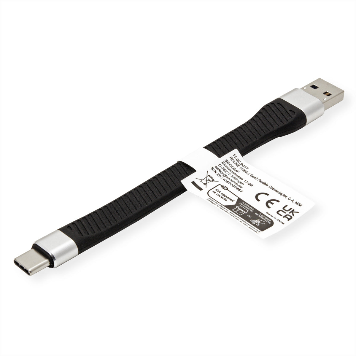 ROLINE USB-C auf USB-A Kabel – USB 3.2 Gen 2 (10 Gbit/s) – 0,11 m – Silikon, Flach – Schwarz