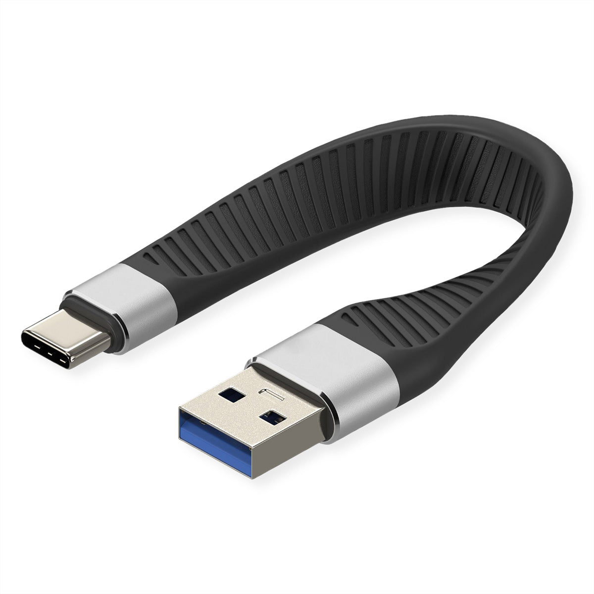 ROLINE USB-C auf USB-A Kabel – USB 3.2 Gen 2 (10 Gbit/s) – 0,11 m – Silikon, Flach – Schwarz