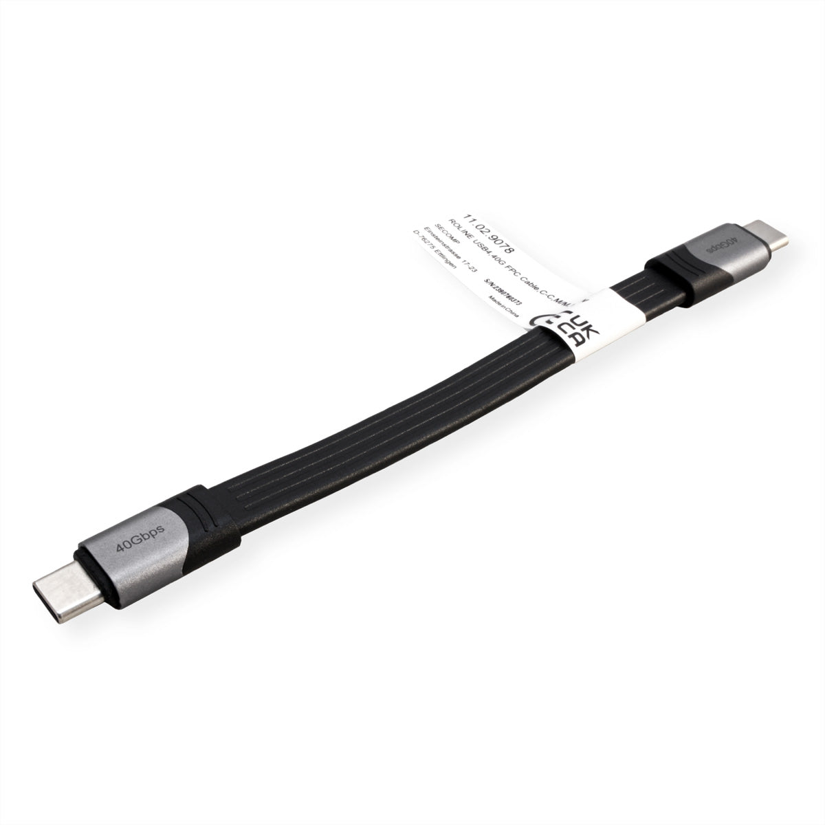 ROLINE USB-C auf USB-C Kabel – USB4 40 Gbit/s – 0,15 m – PD 100 W – 8K/60 – Flachkabel – Schwarz