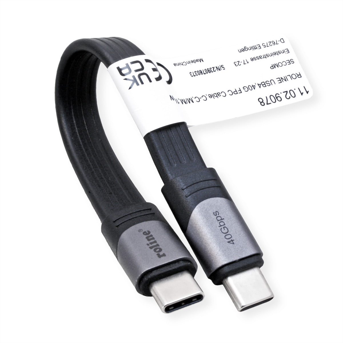 ROLINE USB-C auf USB-C Kabel – USB4 40 Gbit/s – 0,15 m – PD 100 W – 8K/60 – Flachkabel – Schwarz