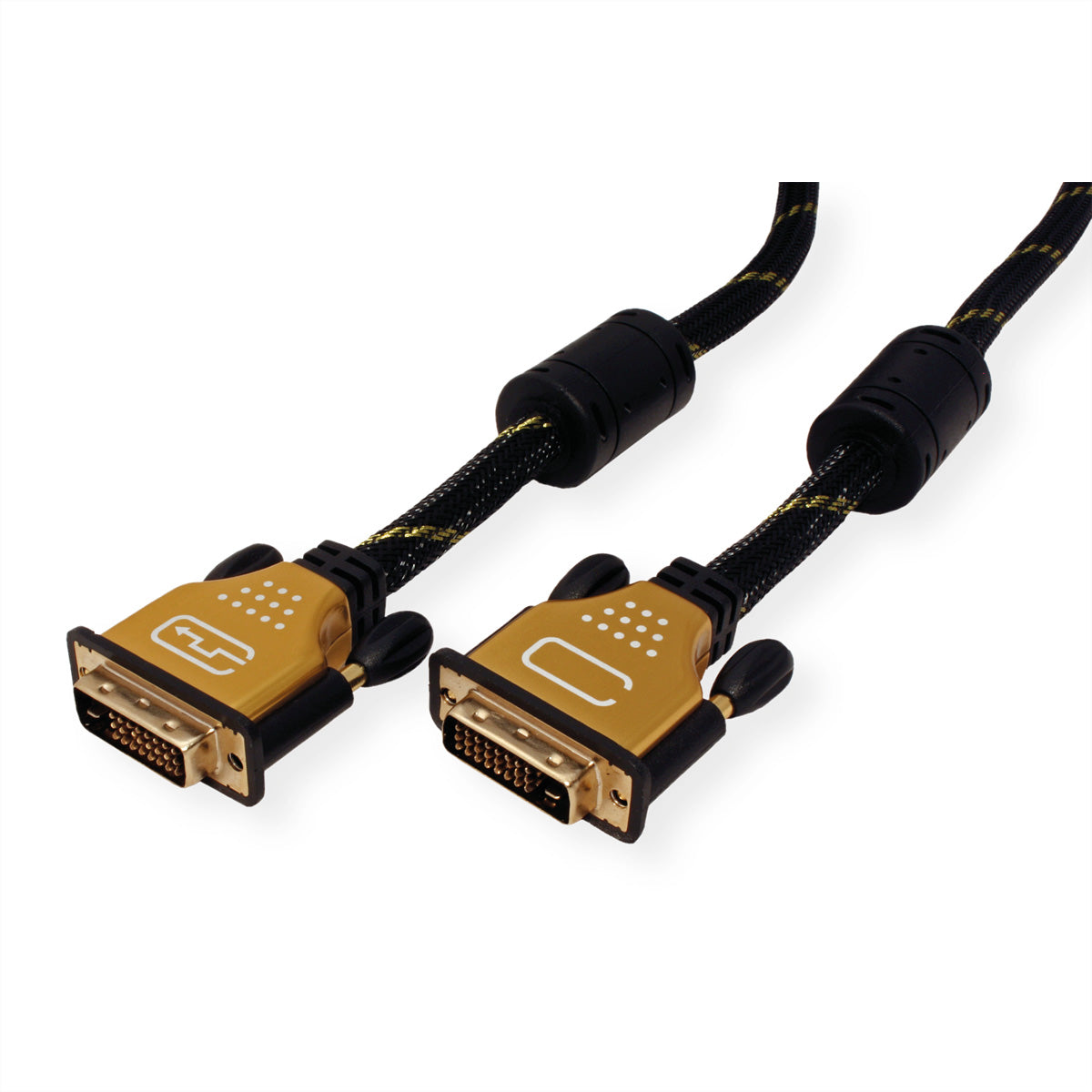 ROLINE DVI-D Dual-Link Kabel 4K 30 Hz – 10 m – Geflochten, Verriegelbar – Schwarz/Gold