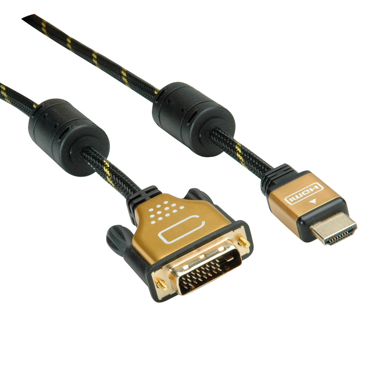 ROLINE DVI-D auf HDMI Kabel 4K 30 Hz – 3 m – geflochten – Schwarz/Gold – für Notebooks, Monitore, TV