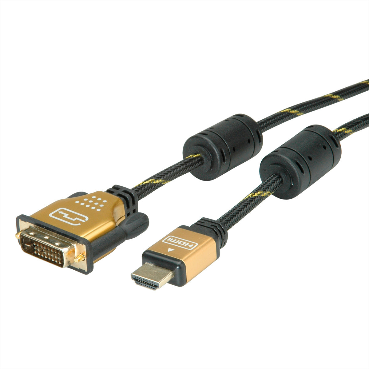ROLINE DVI-D auf HDMI Kabel 4K 30 Hz – 5 m – Ethernet, geflochten – Schwarz/Gold – für Monitor, TV, Beamer