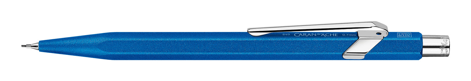 Caran d-Ache 849 Colormat-X Druckbleistift – 0,7 mm – Aluminium – Blau – Mit Radierer
