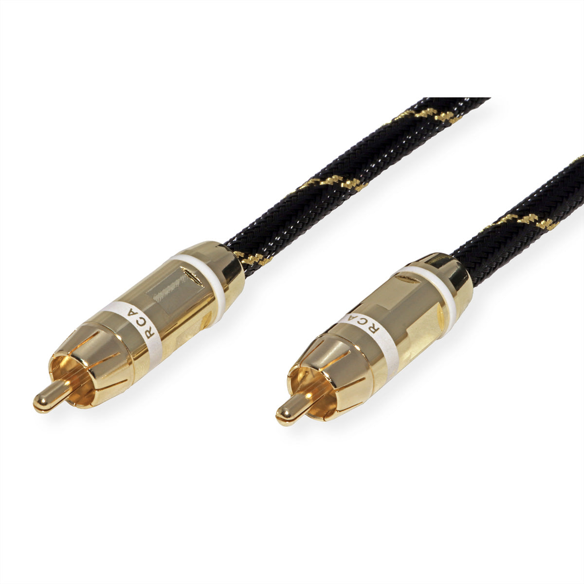 ROLINE RCA-Verbindungskabel – Stecker zu Stecker – 5 m, vergoldete Stecker, Nylonmantel, Schwarz/Gold