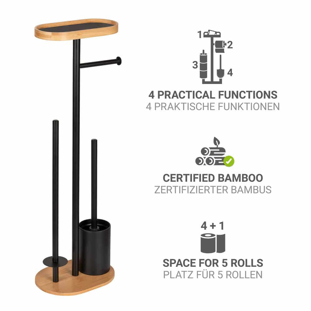 Wenko – WC-Bürstenset – Metall, Bambus, Schwarz, Braun, Bodenstehend, H 70,5 cm