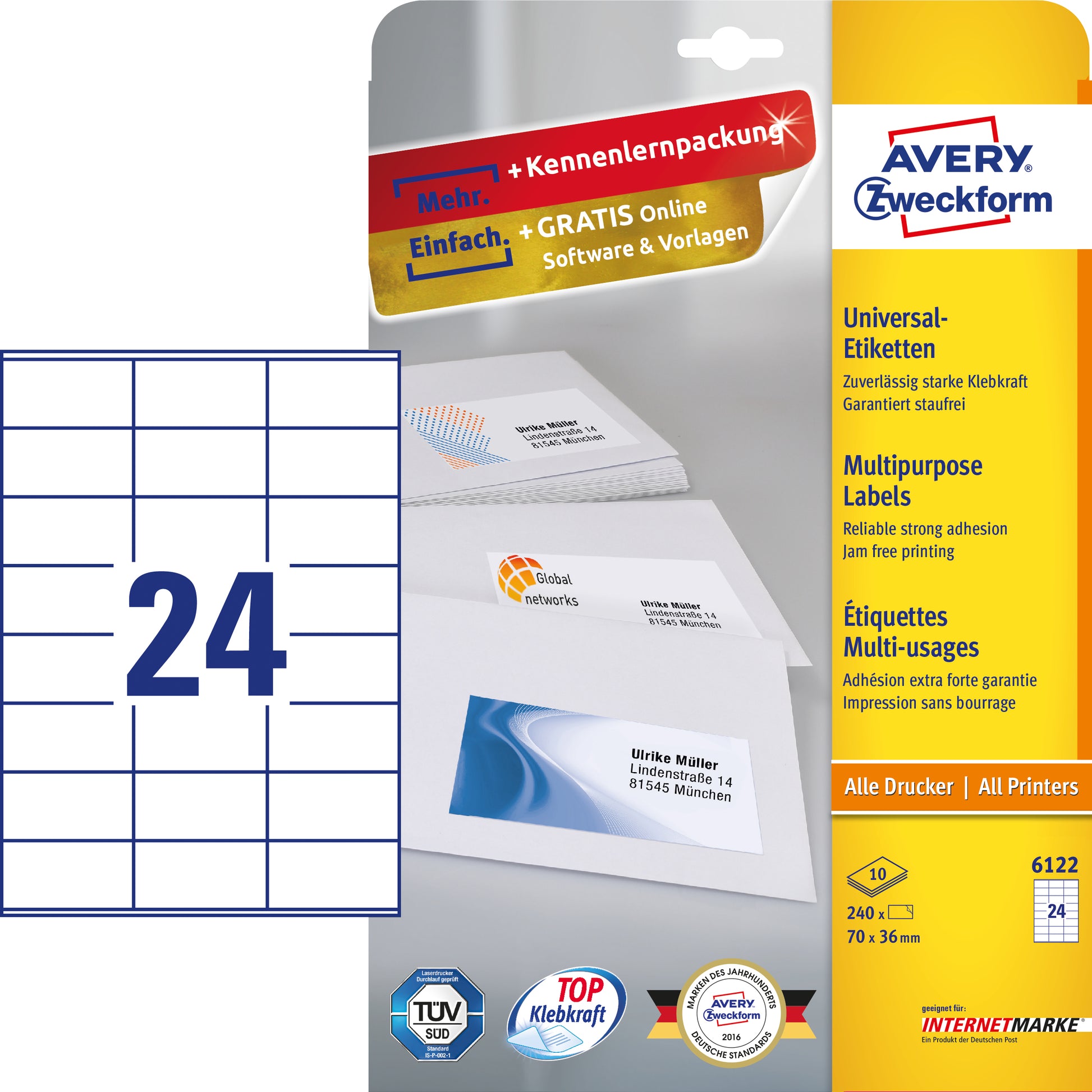 Avery 6122 – Etiketten A4 70 × 36 mm – permanent haftend – Laser/Inkjet – 10 pro Blatt, 24 Blätter