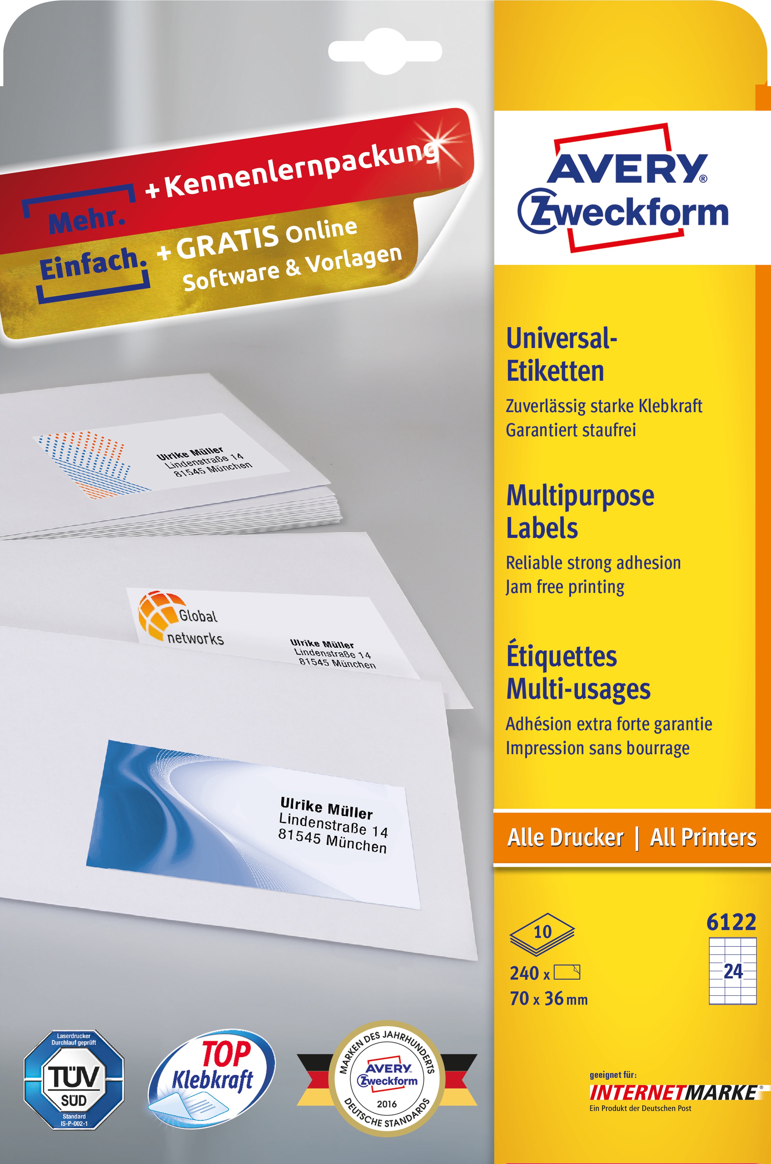 Avery 6122 – Etiketten A4 70 × 36 mm – permanent haftend – Laser/Inkjet – 10 pro Blatt, 24 Blätter