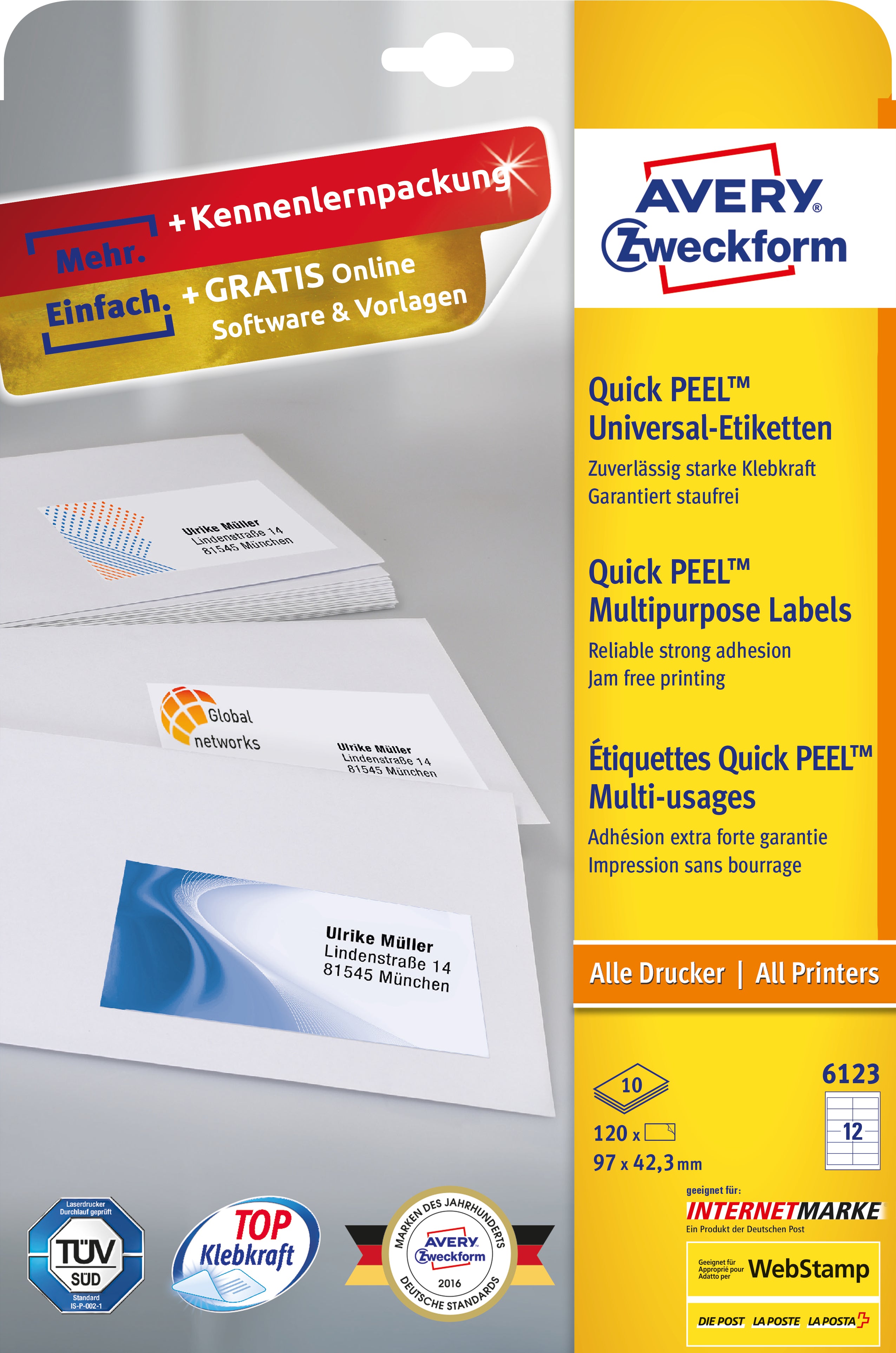 AVERY Zweckform 6123 – Etiketten A4 97 × 42 mm – permanent haftend – Laser/Inkjet – 10 pro Blatt, 12 Blätter