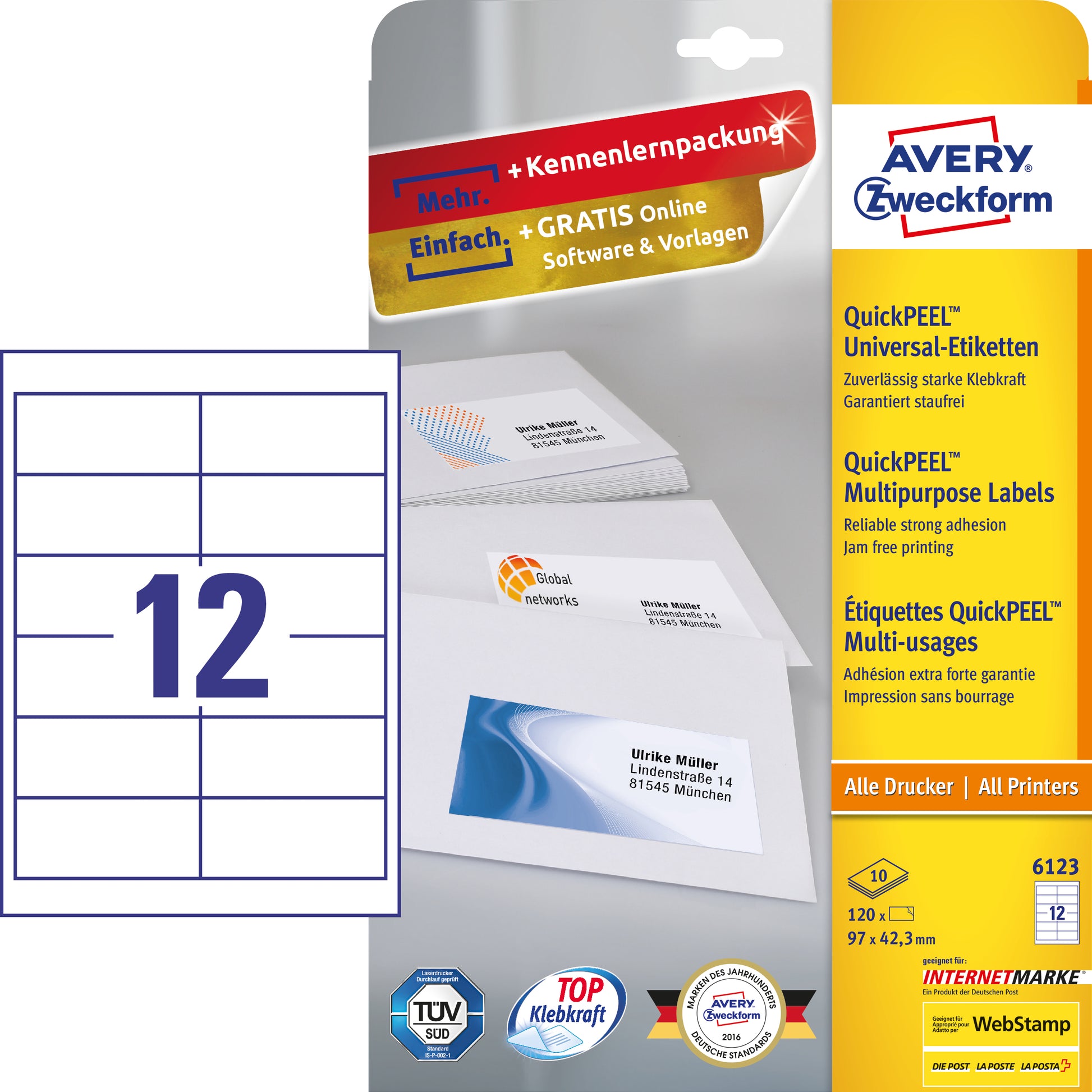 AVERY Zweckform 6123 – Etiketten A4 97 × 42 mm – permanent haftend – Laser/Inkjet – 10 pro Blatt, 12 Blätter