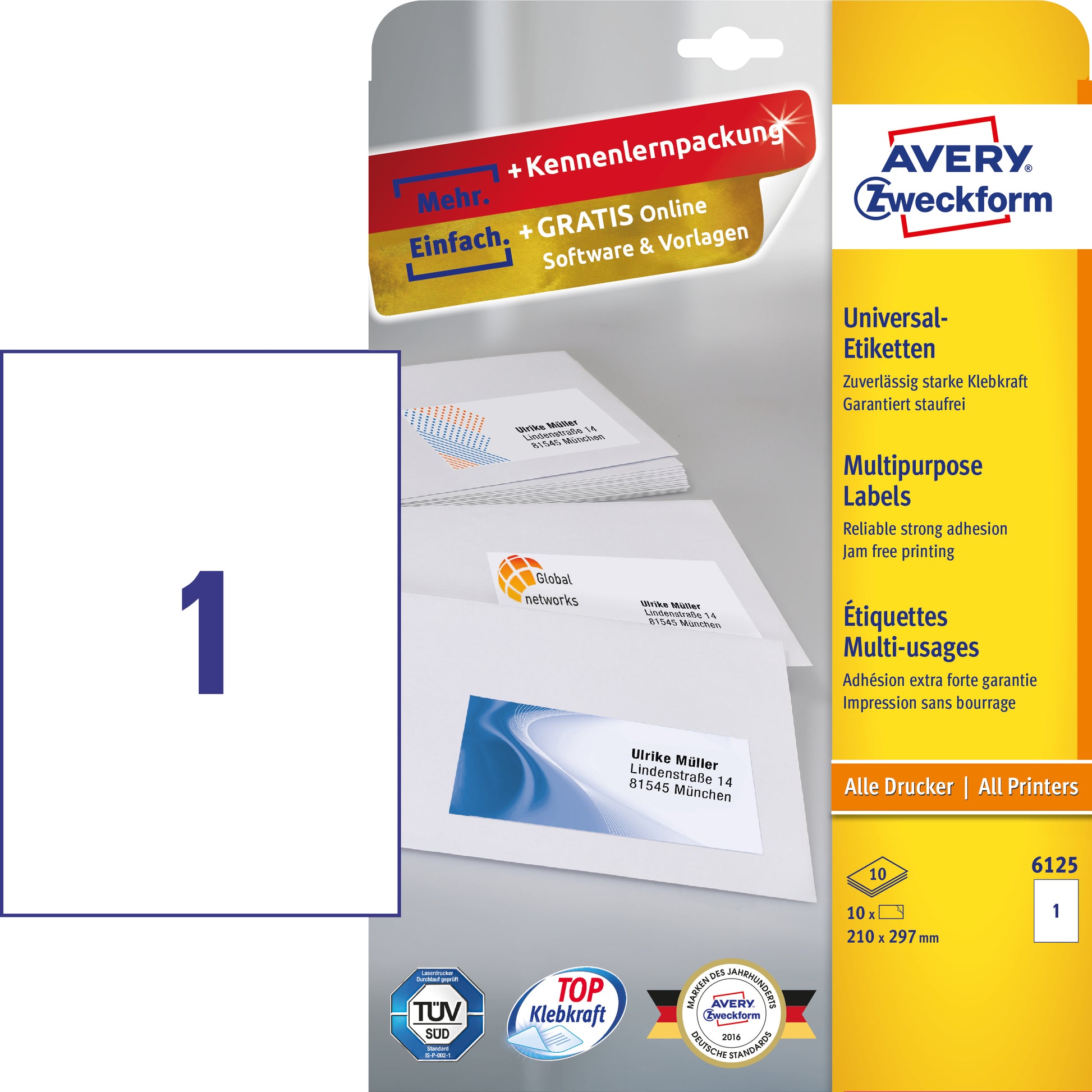 Avery 6125 – Etiketten A4 210 × 297 mm – Papier, weiss – permanent haftend – Laser/Inkjet