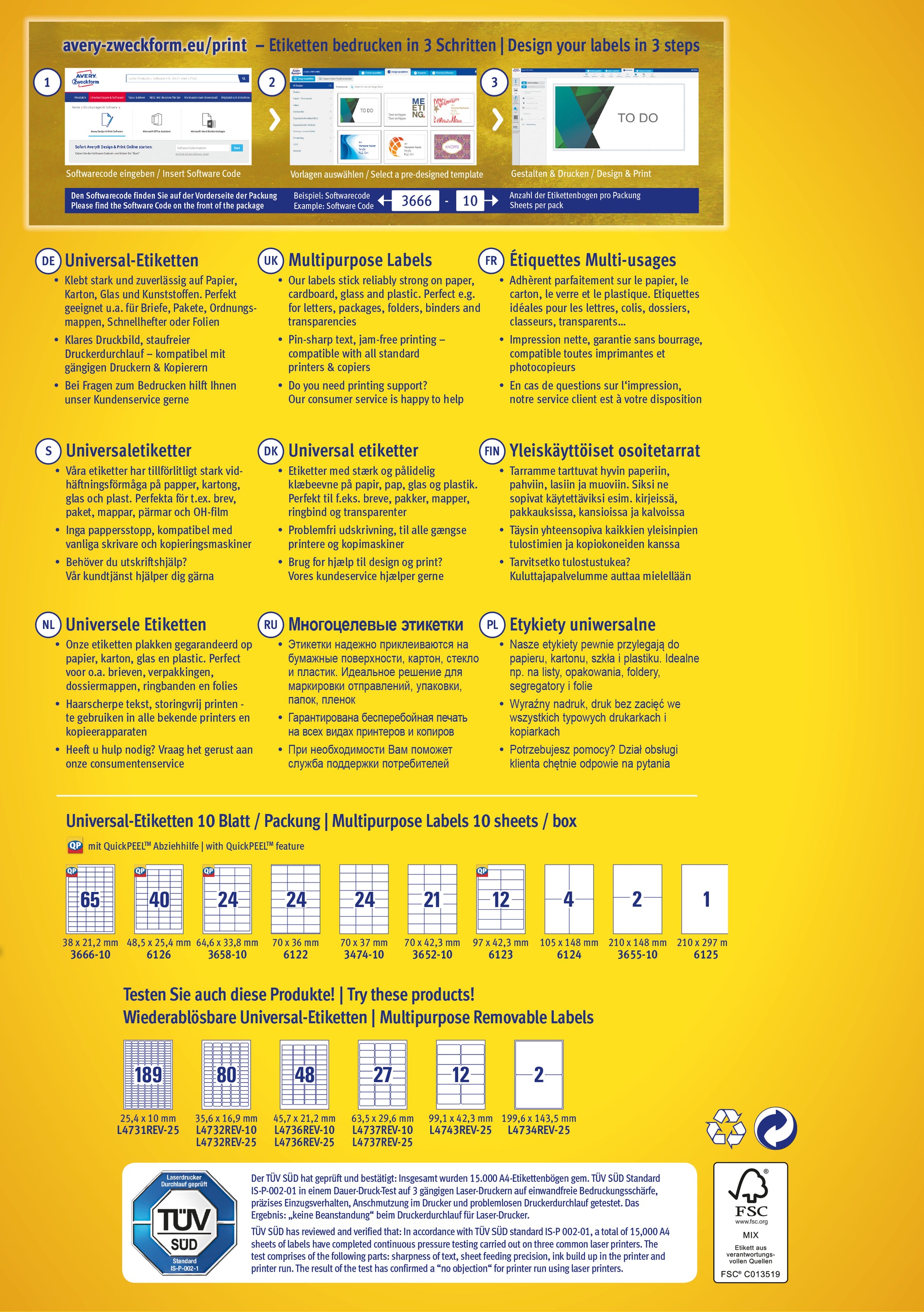 Avery 6122 – Etiketten A4 70 × 36 mm – permanent haftend – Laser/Inkjet – 10 pro Blatt, 24 Blätter