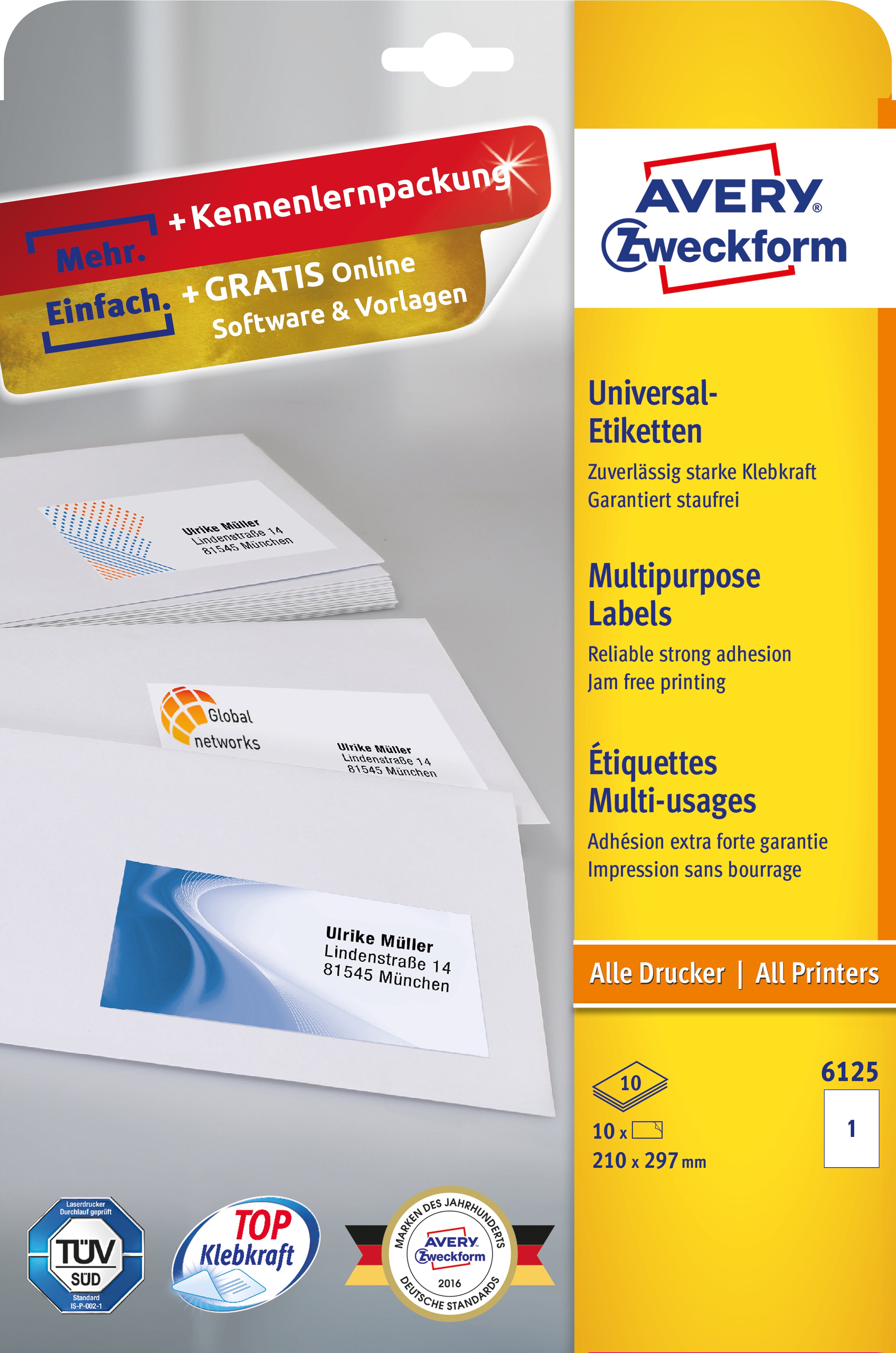 Avery 6125 – Etiketten A4 210 × 297 mm – Papier, weiss – permanent haftend – Laser/Inkjet