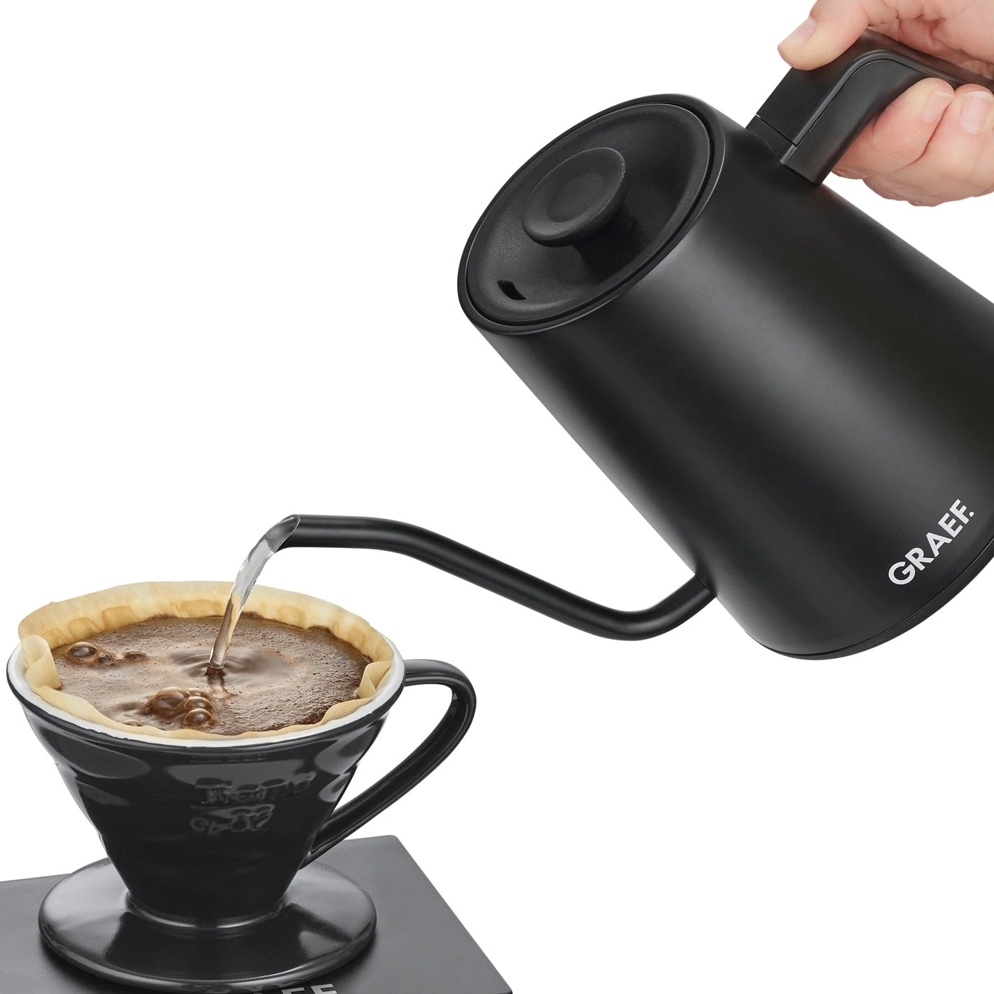 Graef Pourover Wasserkocher – 0,9 l, mit Temperaturwahl, Warmhaltefunktion, Edelstahl, Schwarz, GK502