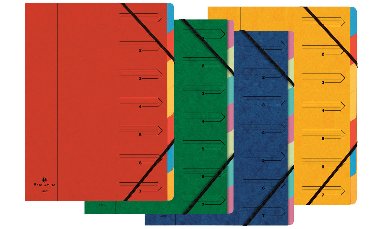 Exacompta Fächermappe A4 – 7 Fächer, Gummiband, Karton, mehrfarbig, 12 Stk.