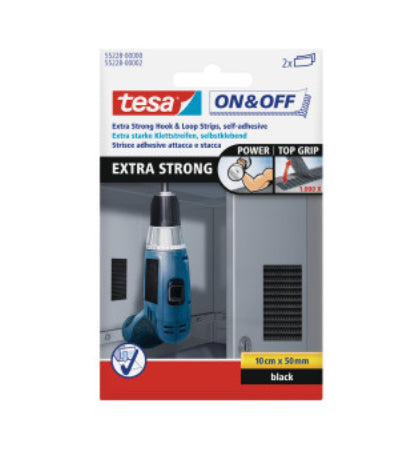 TESA Klettband extra stark – 50 mm × 0,1 m, schwarz, selbstklebend, 2 Stk.