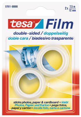 TESA Doppelseitiges Klebeband – permanent, Kunststoff, 12 mm × 7,5 m, transparent, Kern Ø 26 mm, 2 Rollen