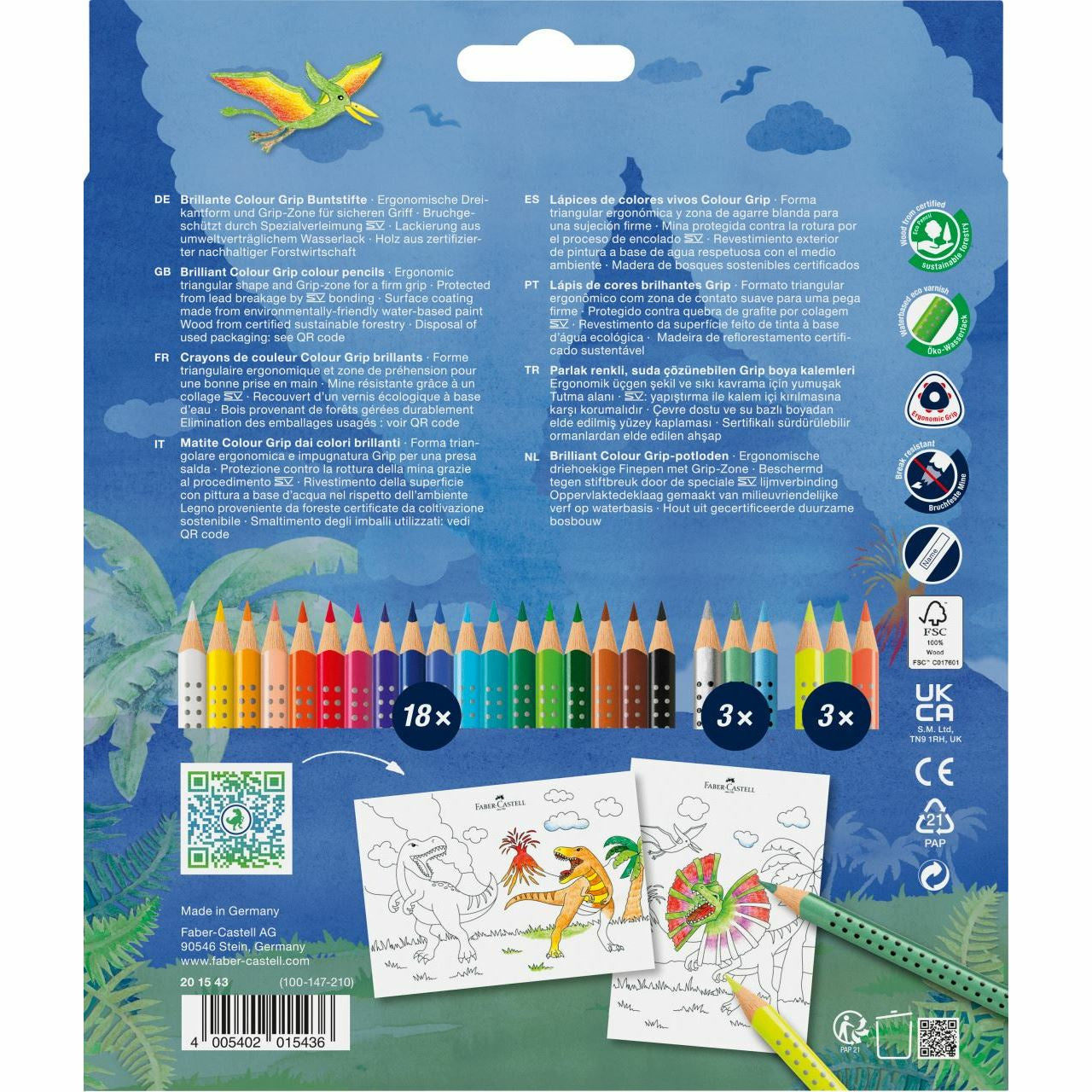 Faber-Castell Colour GRIP Dino Farbstifte – 24 Farben, Dreikant, waschbar, Karton