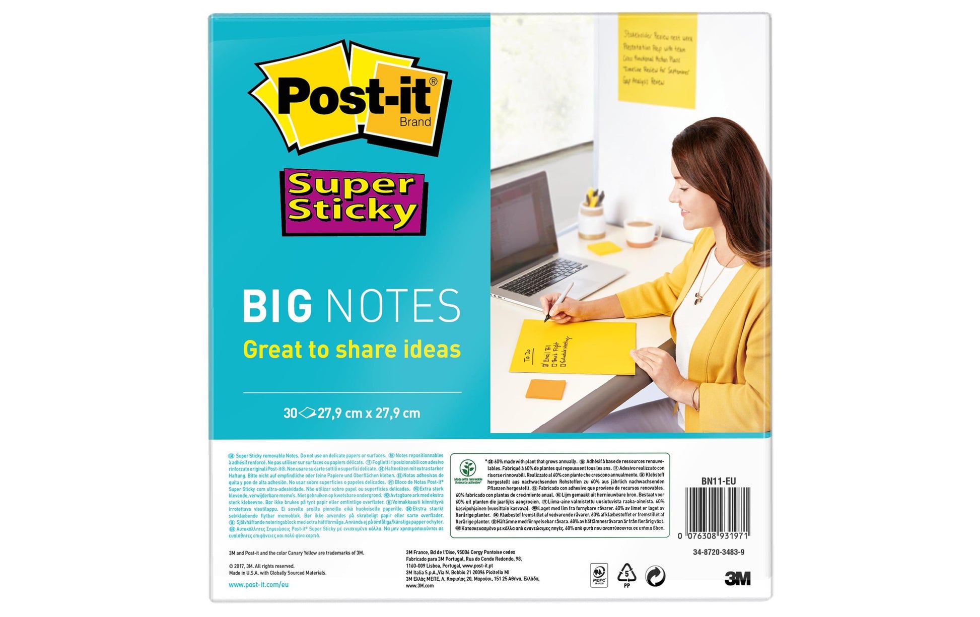 Post-it Super Sticky Haftnotizen – 279×279 mm – Gelb, 30 Blatt, PEFC