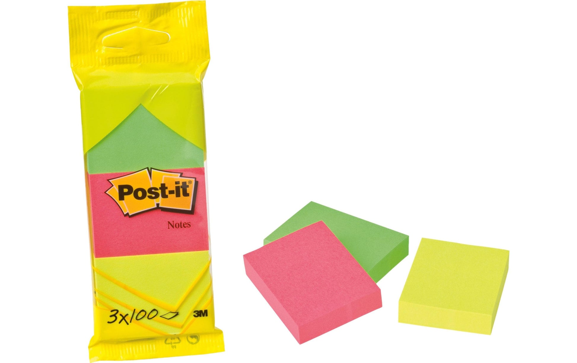 Post-it Haftnotizen – 38 × 51 mm – Neon sortiert, 100 Blatt/Block, 3er-Pack