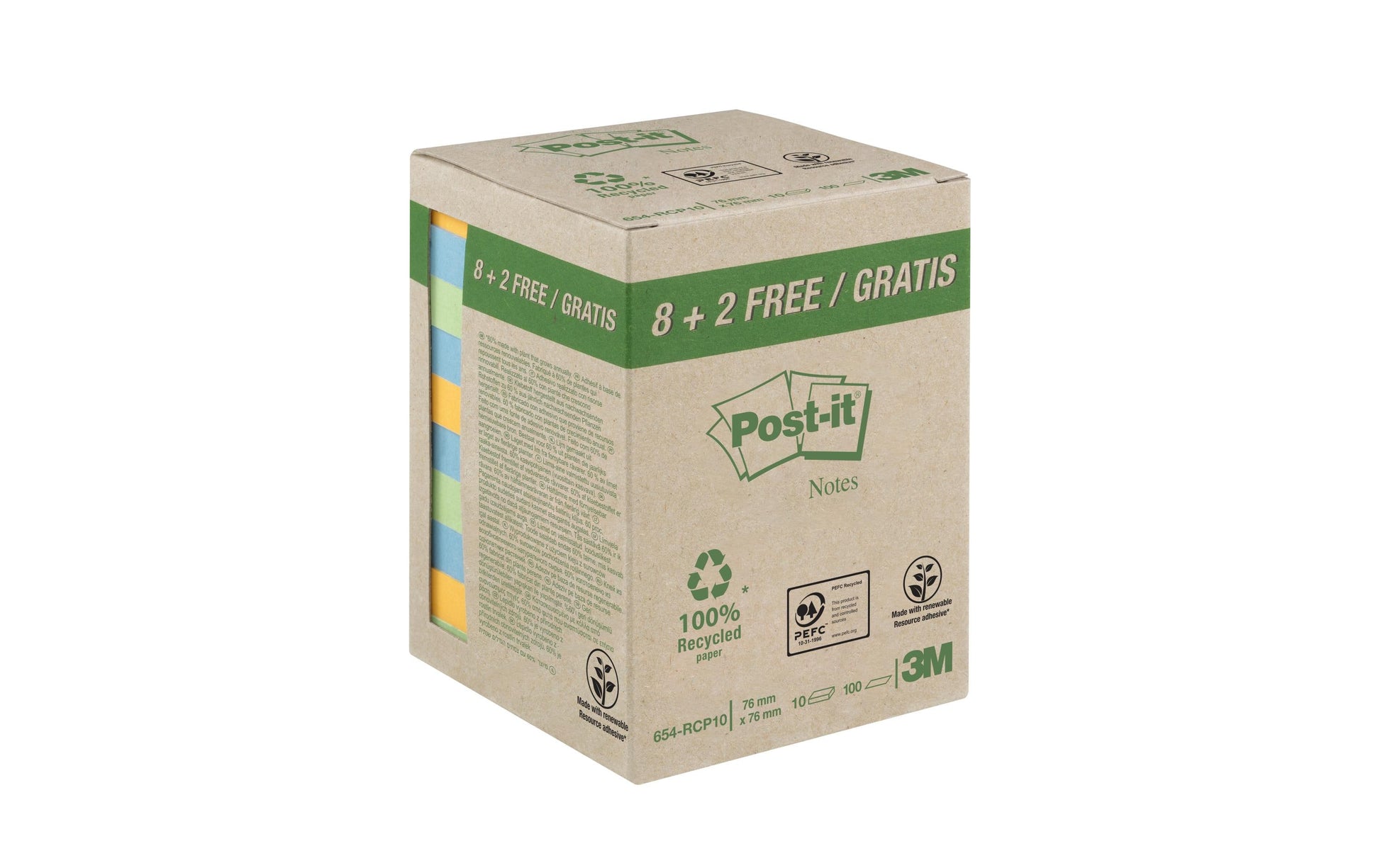 Post-it Haftnotizen – 76×76 mm – sortiert (türkis, violett, gelb), 10×100 Blatt, Recyclingpapier