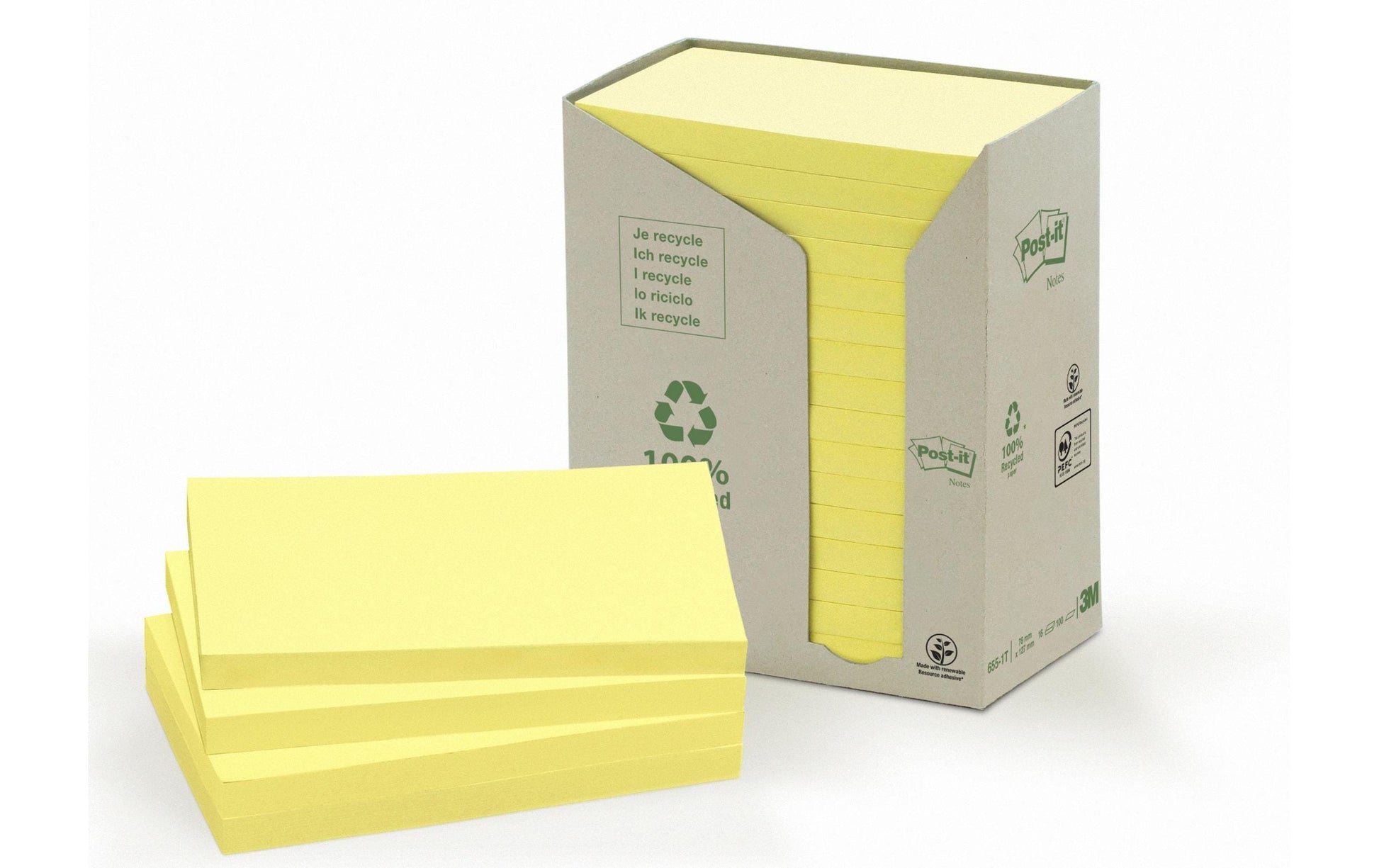 Post-it Haftnotizen Recycling Tower – 127×76 mm – Gelb, 16×100 Blatt, PEFC