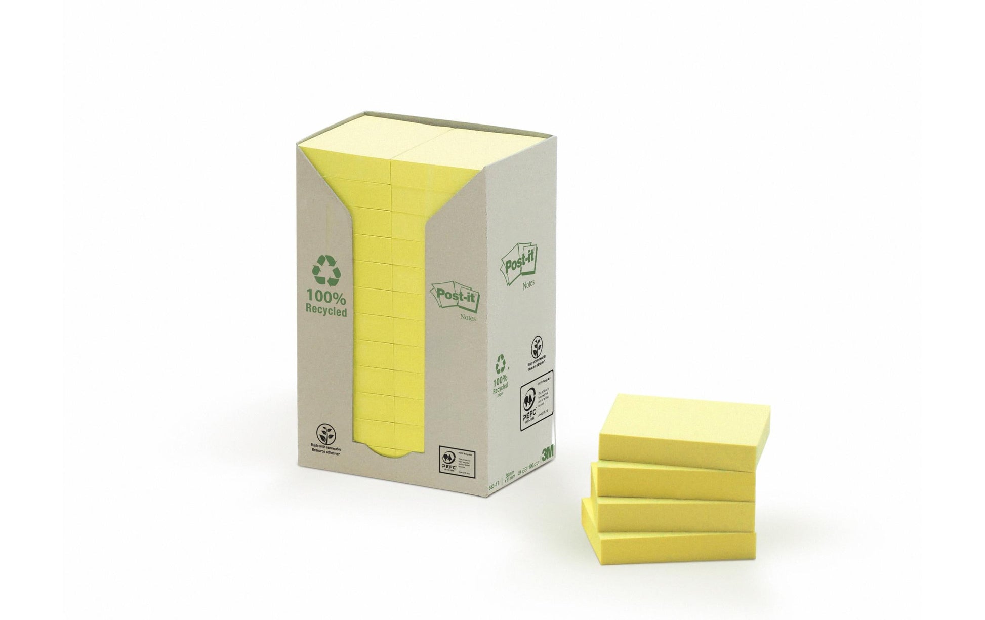 Post-it Haftnotizen Recycling Tower – 51×38 mm – gelb, 24×100 Blatt, PEFC