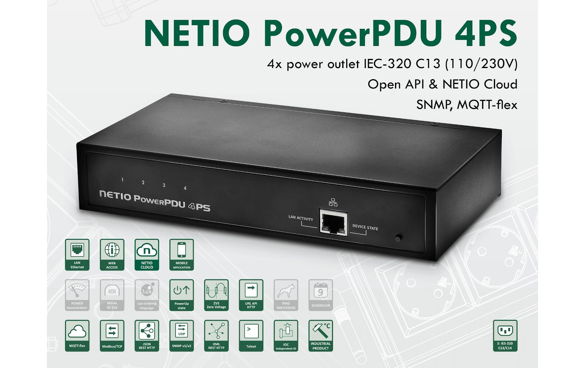 NETIO Steckdosenleiste – 4×C13, 1,8 m, geschaltet, C14-Eingang, IP-gesteuert