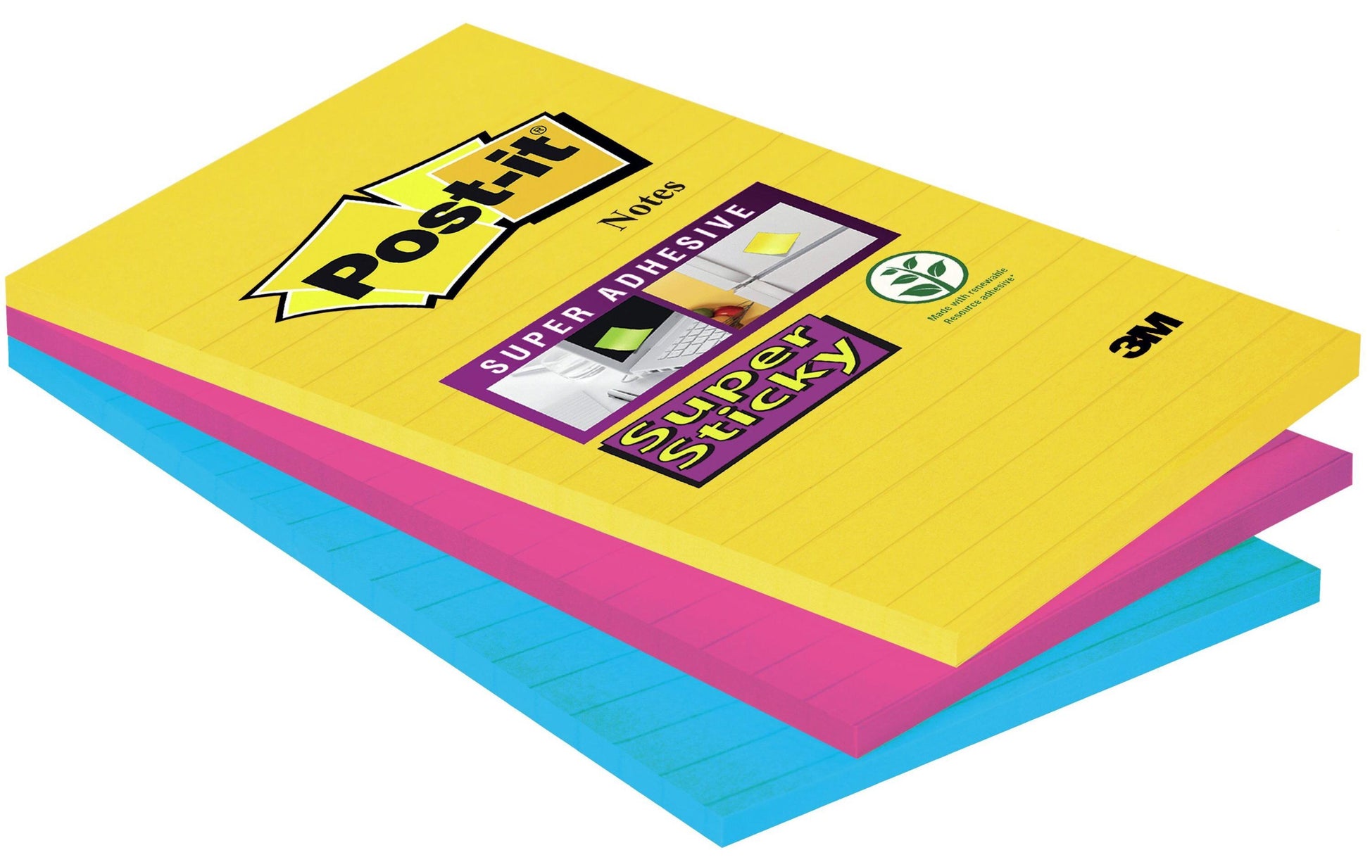 Post-it Super Sticky Haftnotizen – 101×152 mm – sortiert (ultragelb, ultrablau, ultrapink), 3×90 Blatt, PEFC