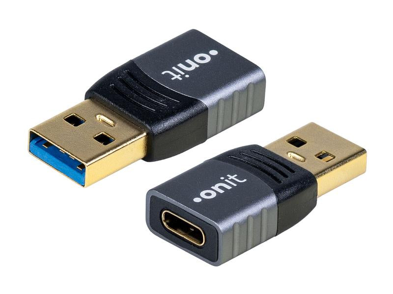 ONIT F01489 Adapter USB-A zu USB-C – USB 3.2 Gen 2 (10 Gbit/s), Aluminium, Goldkontakte, Schwarz/Grau