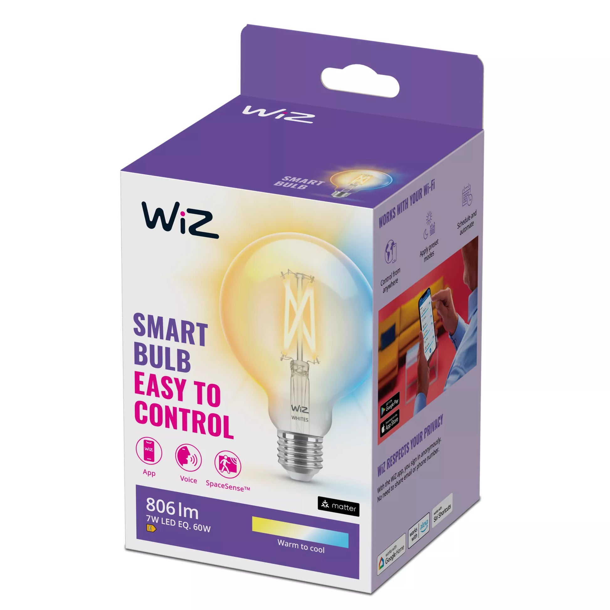 WiZ Smart-Leuchtmittel E27 G95 – 2700–6500 K, 806 lm, 7 W, WLAN/Bluetooth – 1 Stk., Transparent