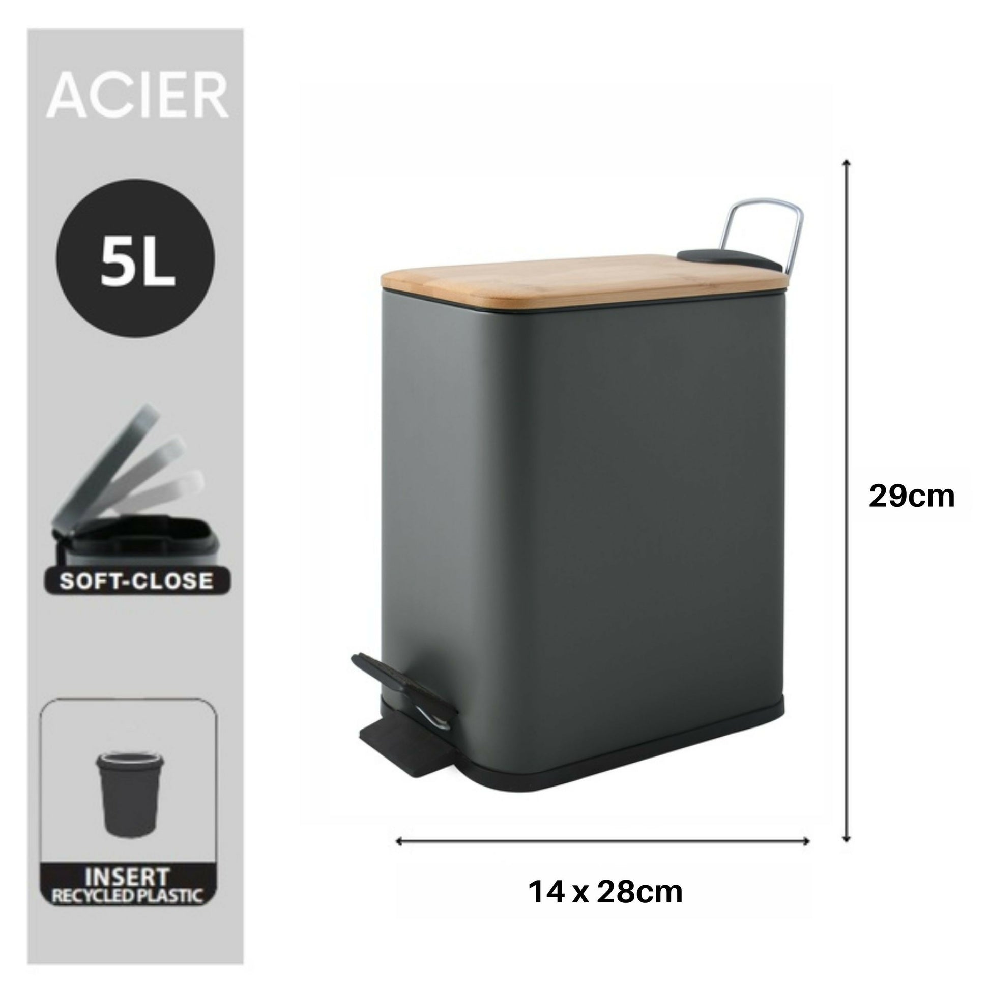 Spirella Tisch-Abfallbehälter – 5 l, mit Deckel, Stahl, grau – B × H × T 140 × 290 × 280 mm