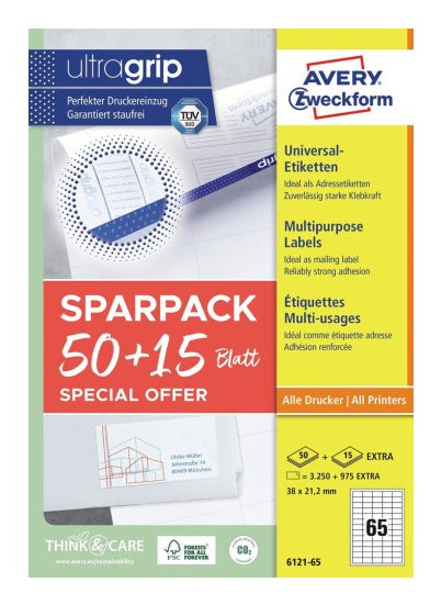 AVERY Zweckform – Etiketten A4 38 × 21 mm – weiss – permanent haftend – Laser/Inkjet – 65 Blätter, 65 Blätter