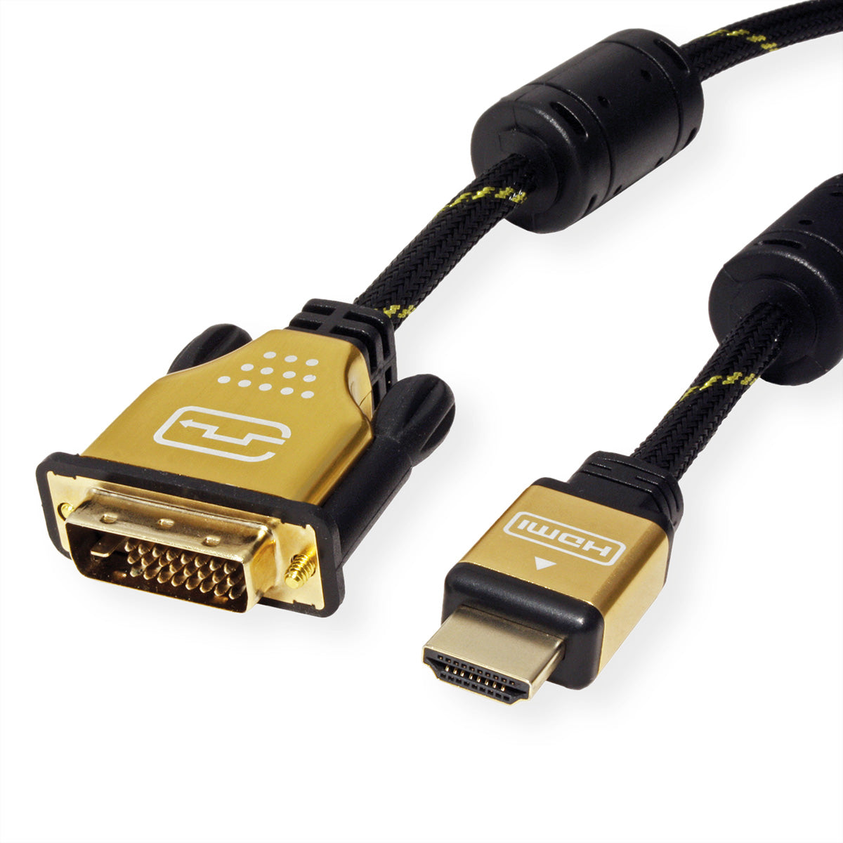 ROLINE DVI-D auf HDMI Kabel 4K 30 Hz – 5 m – Ethernet, geflochten – Schwarz/Gold – für Monitor, TV, Beamer