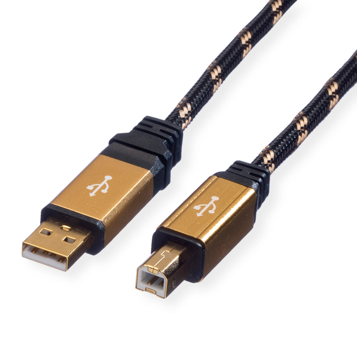 ROLINE USB-A auf USB-B Kabel – USB 2.0 (480 Mbit/s) – 1,8 m – Nylonmantel, Goldstecker – Schwarz/Gold