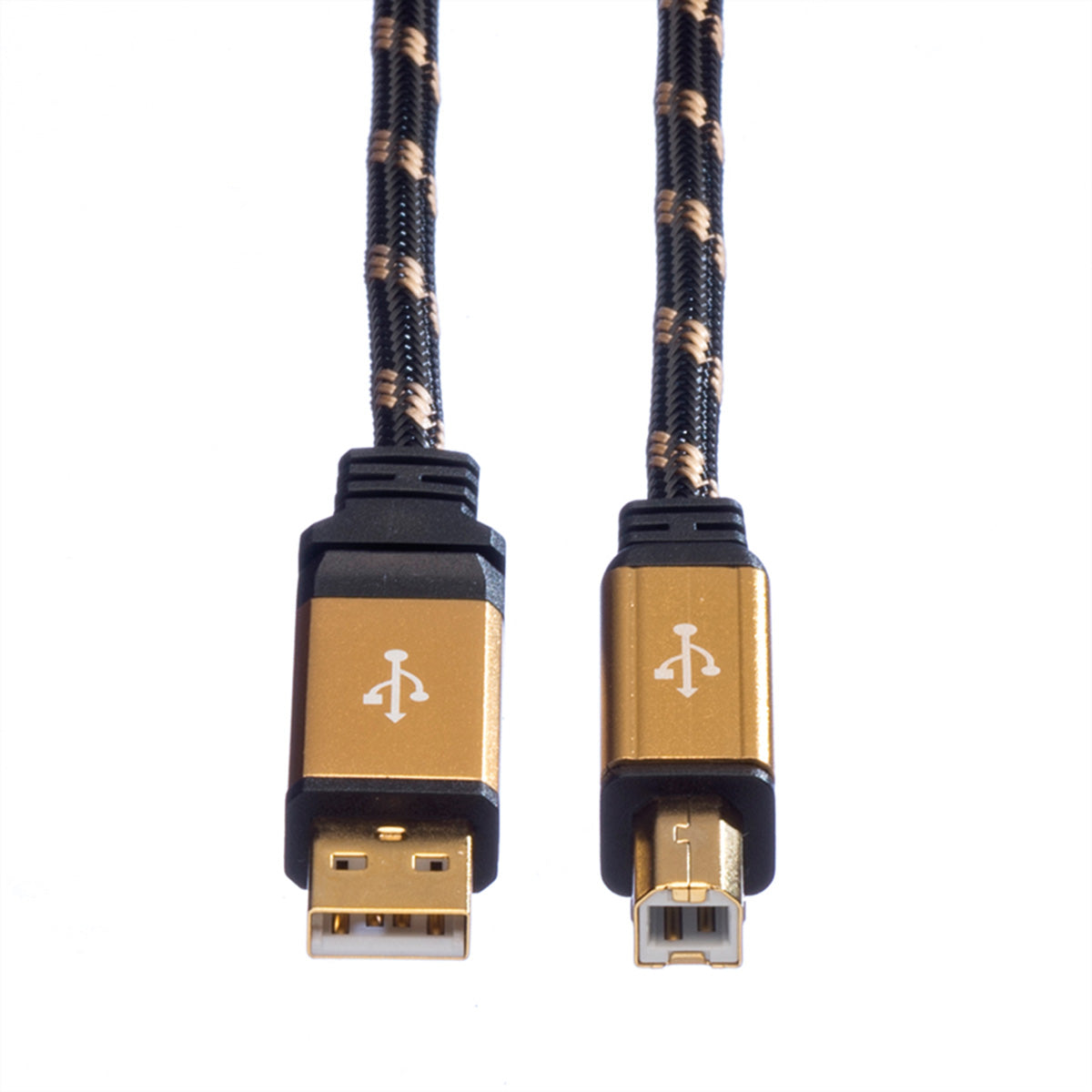 ROLINE USB-A auf USB-B Kabel – USB 2.0 (480 Mbit/s) – 3 m – Geflochten, Goldkontakte – Schwarz/Gold