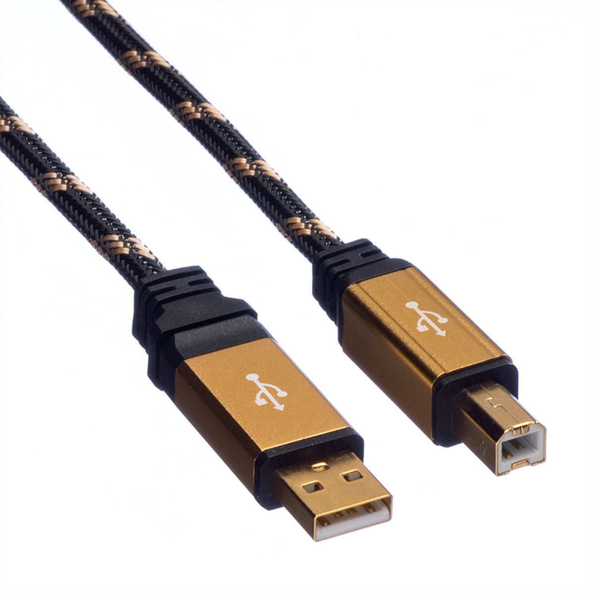 ROLINE USB-A auf USB-B Kabel – USB 2.0 (480 Mbit/s) – 1,8 m – Nylonmantel, Goldstecker – Schwarz/Gold
