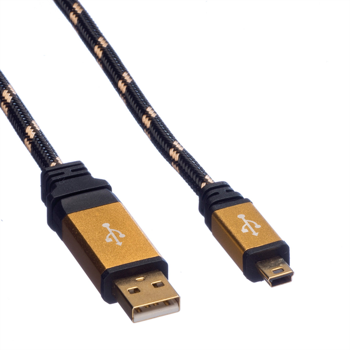 ROLINE USB-A auf Mini-USB Kabel – USB 2.0 (480 Mbit/s) – 0,8 m – Vergoldete Kontakte, Nylonmantel – Schwarz/Gold