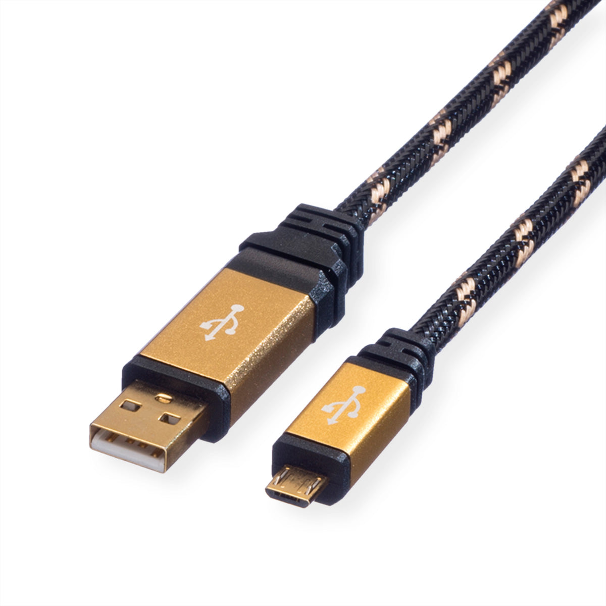 ROLINE USB-A auf Micro-USB-B Kabel – USB 2.0 (480 Mbit/s) – 0,8 m – Schwarz/Gold – für Micro-USB-Geräte