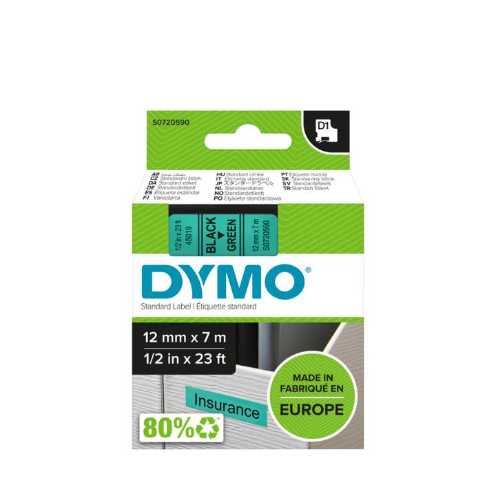 DYMO Schriftband – 12 mm × 7 m, grün, schwarz – für DYMO LabelPoint 200, 250, 300, usw. – D1