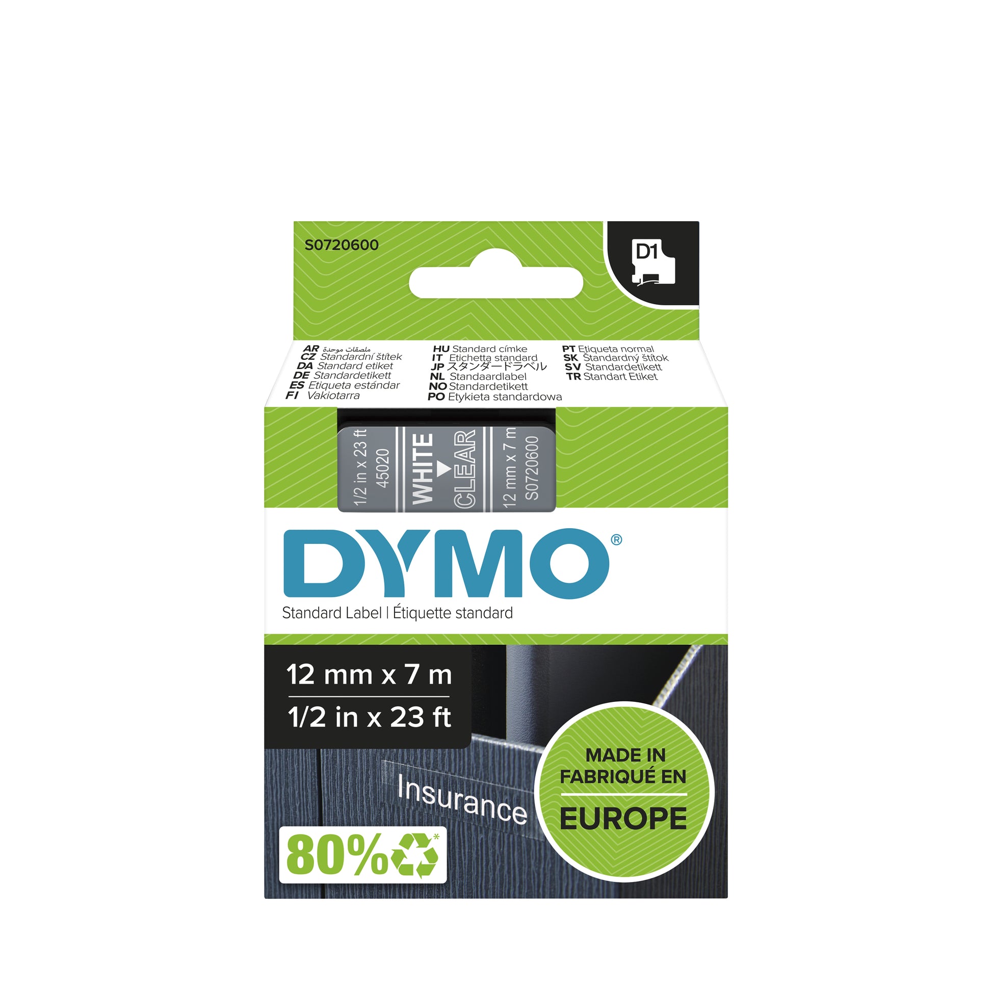 DYMO Schriftband – 12 mm × 7 m, transparent, weiss – D1-TAPE