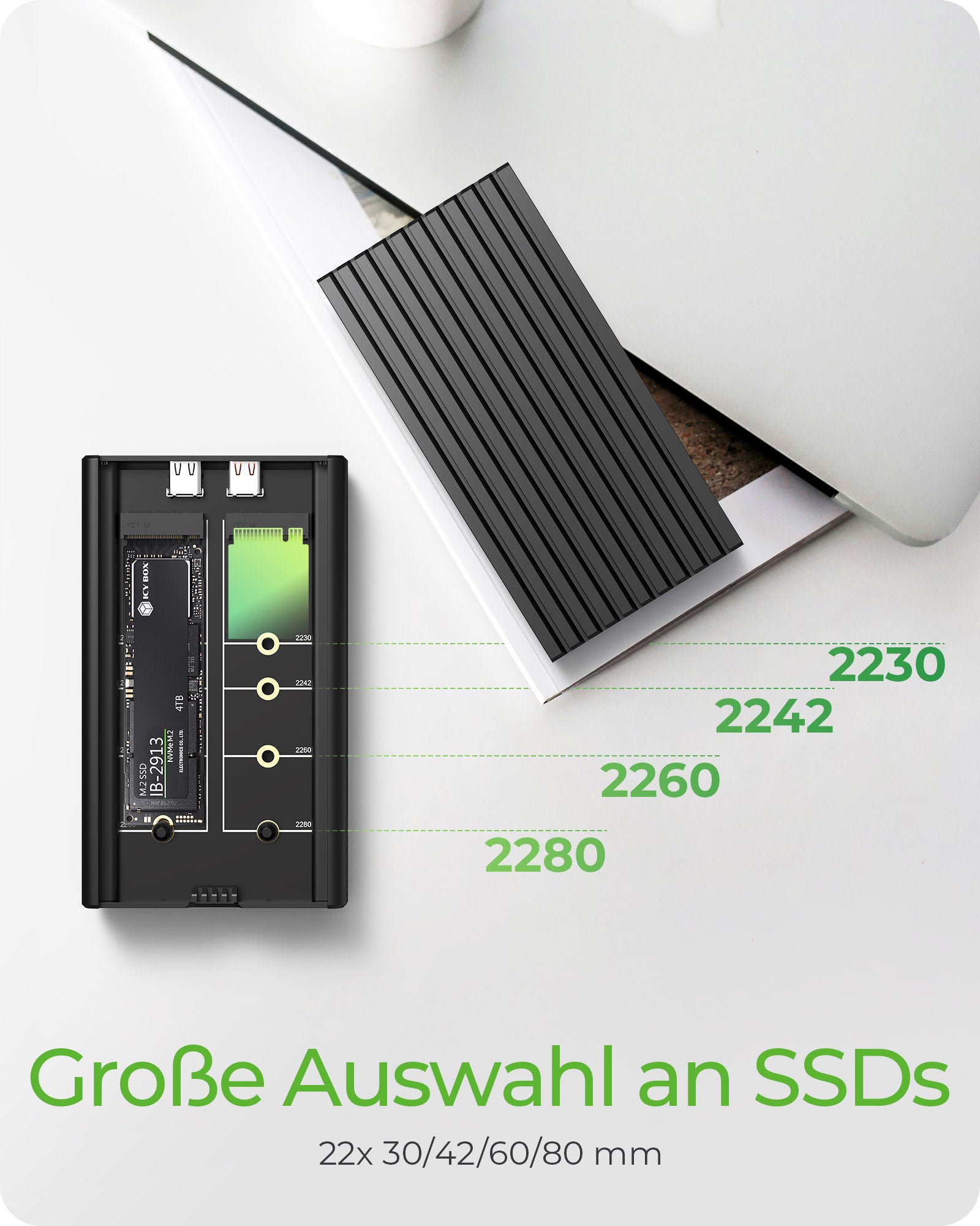 ICY BOX IB-2817M-C32 – 2-Bay Desktop SSD-Gehäuse – für M.2 22×30/42/60/80 mm, NVMe, PCIe 3.0