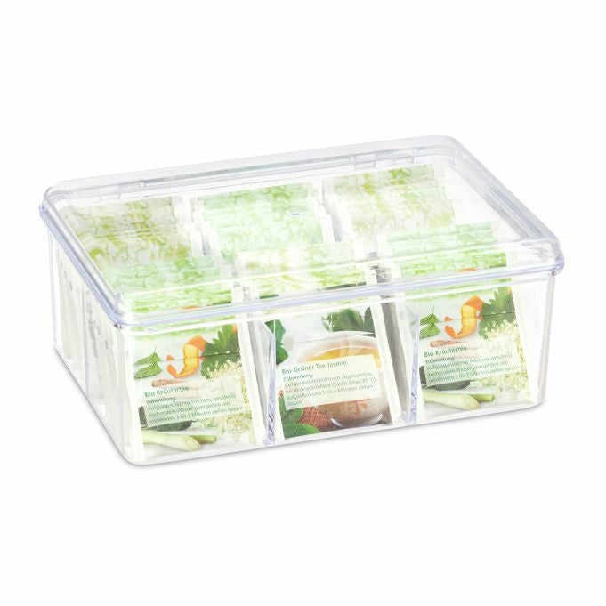 Relaxdays Teebeutelbox Kunststoff, 6 Fächer, 21,5 × 14,5 × 9 cm, transparent