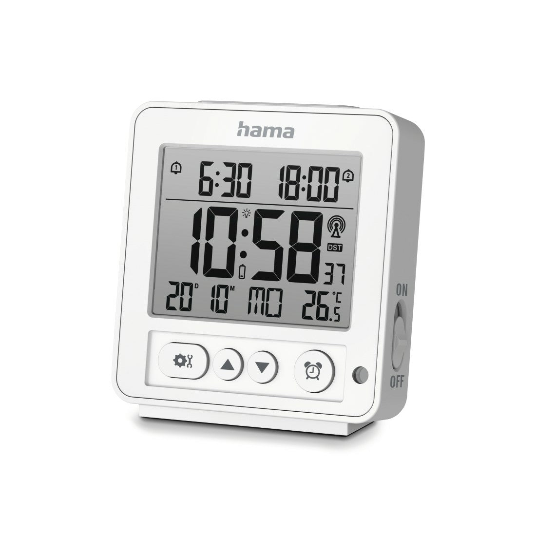 Hama Funk-Wecker, LCD, 9 × 10 × 2,5 cm, Weiss, Kalender