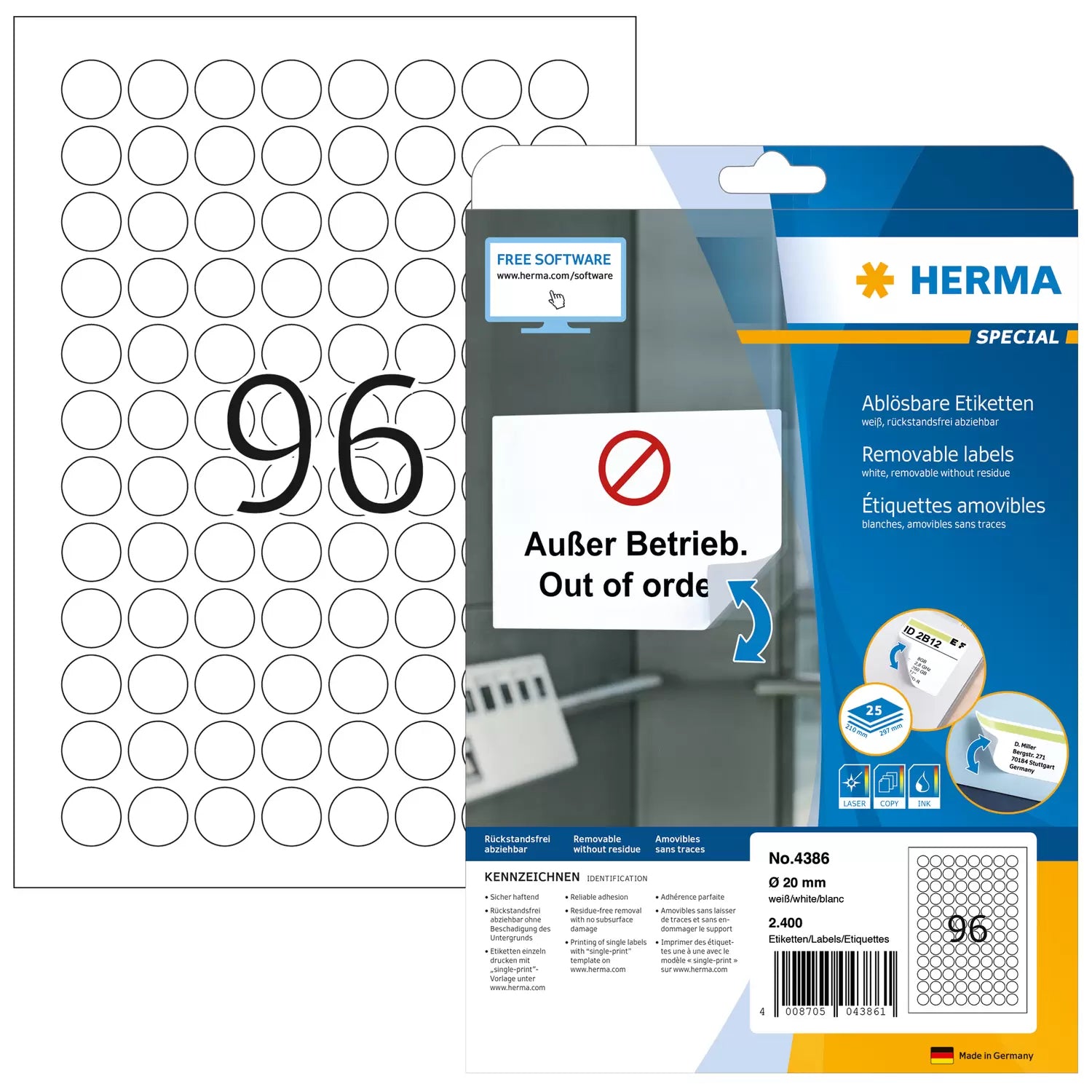 HERMA Druckeretiketten, Ø 20 mm, weiss, Papier, ablösbar, 25 Blätter (2400 Etiketten)