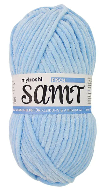 myBoshi Chenille Samt Garn Extra dick Hellblau – 100 g, 100 m, 100% Polyester, Nadel 5 mm, 1 Stk.