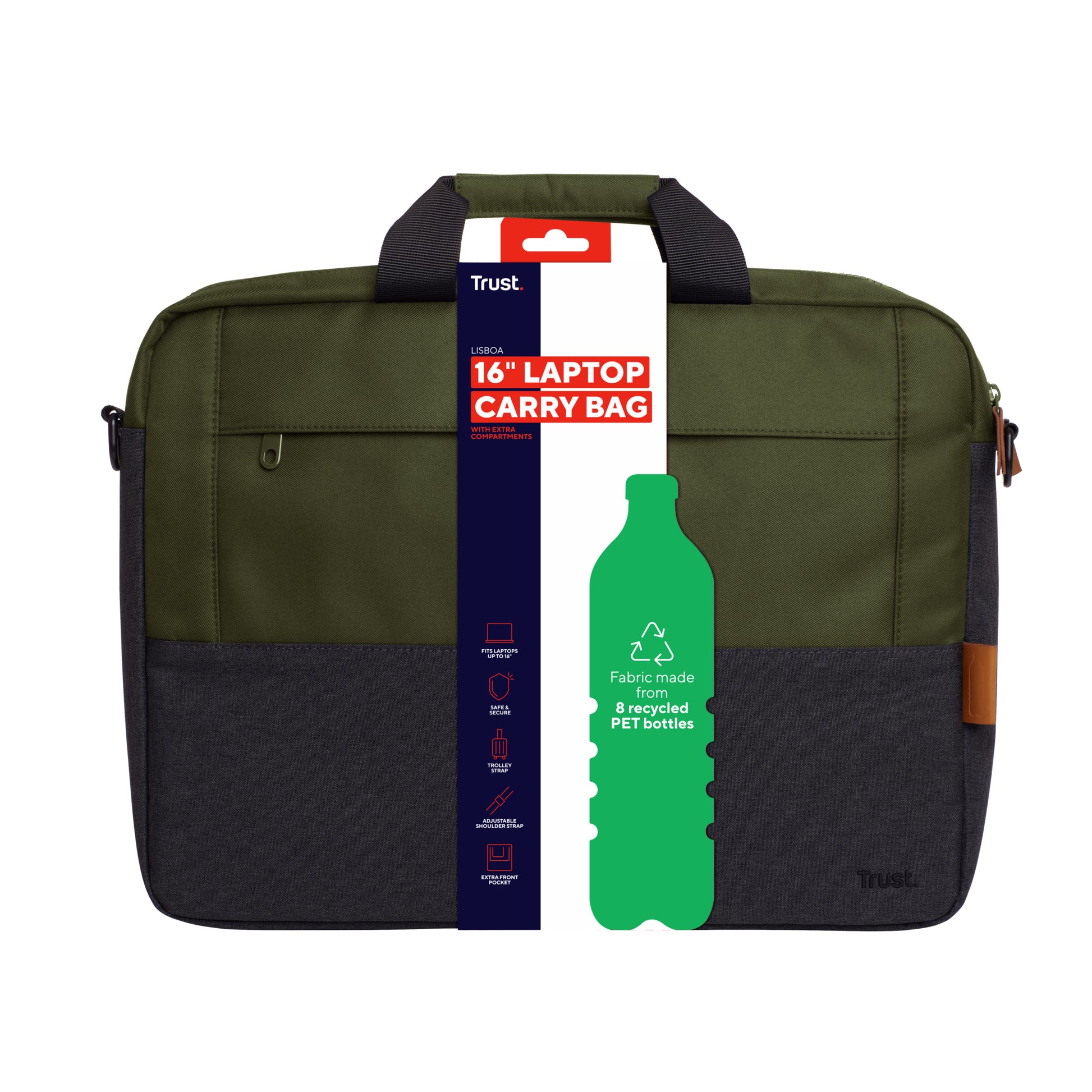 Trust Notebook-Tasche bis 16" – Wasserdicht, abnehmbarer Schultergurt – Grün