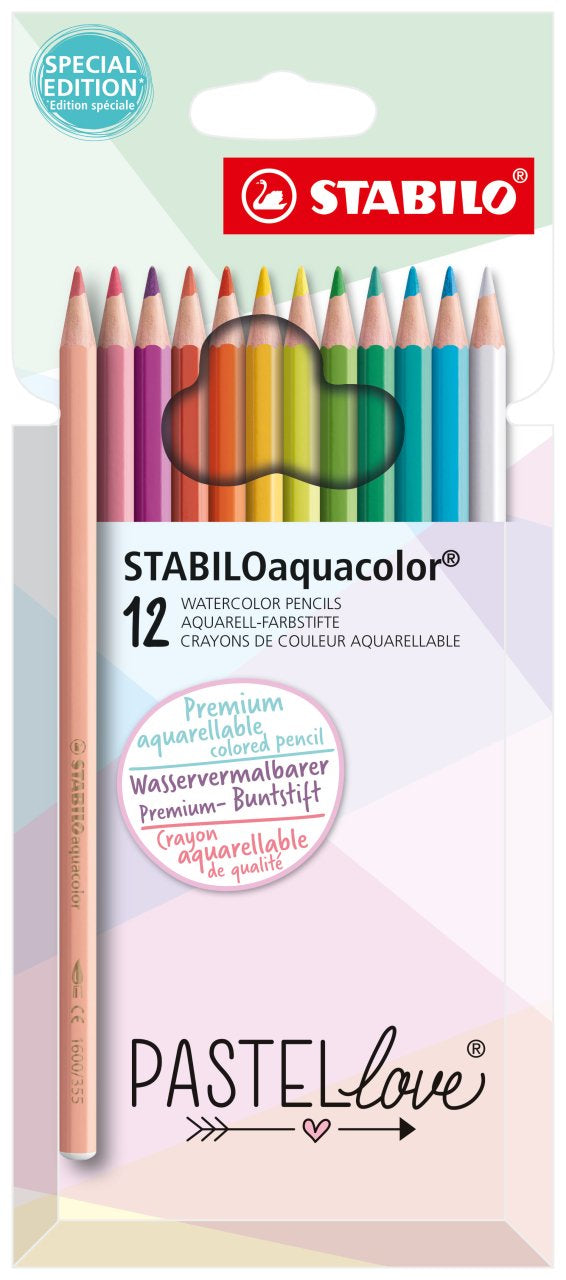 STABILO Aquarellfarbstifte Aquacolor Pastellove – Aquarell, Minen-Ø 2,8 mm, 12 Farben, im Kartonetui