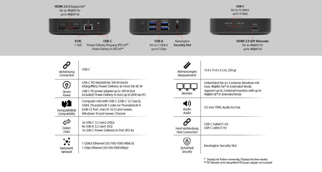 LMP USB-C Triple Display Dockingstation – für Apple-Geräte, 3× HDMI 4K, 100 W Ladefunktion
